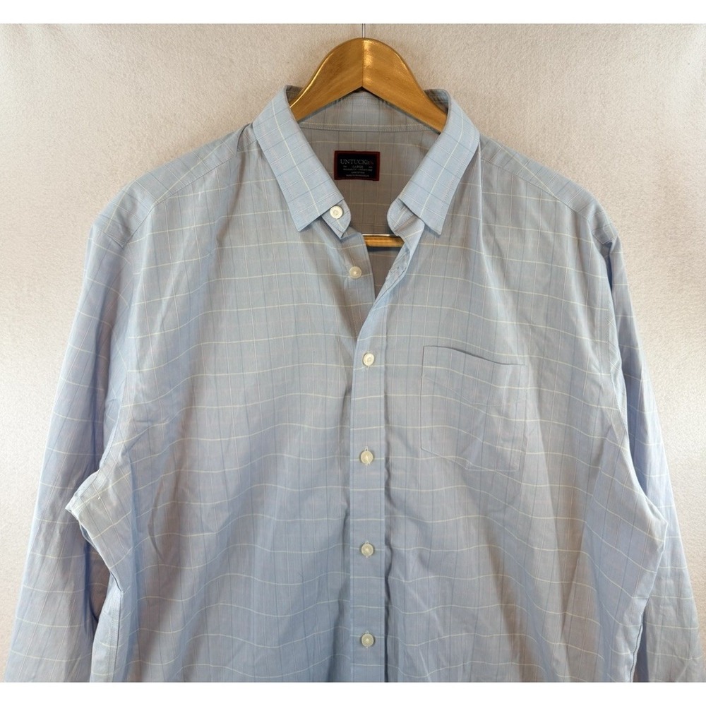 UNTUCKit Charly WF Shirt Mens L Blue Wrinkle Free Windowpane Button Down 41123